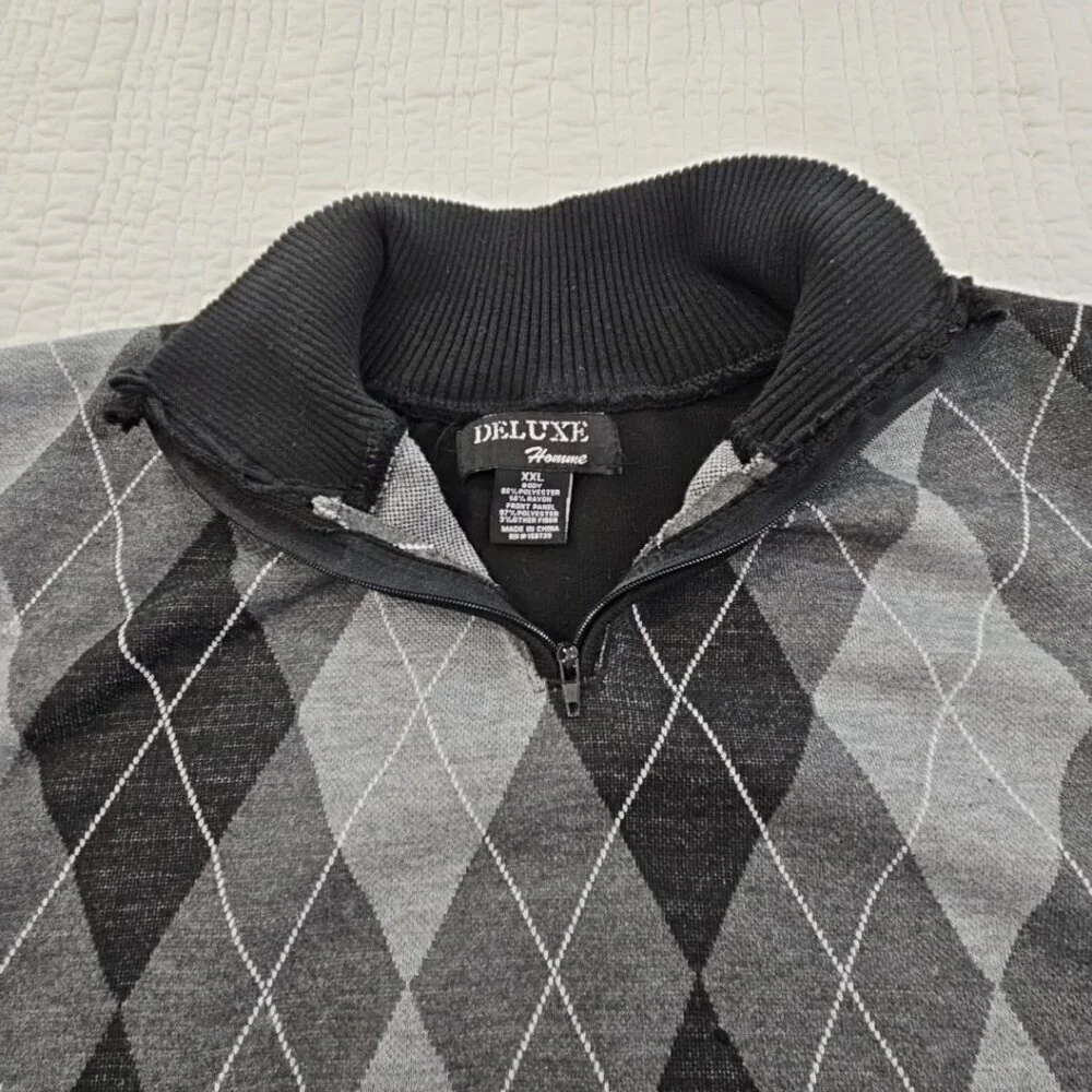 Deluxe Homme 1/4 Zip Pullover Sweater Men's XL Black & Gray‎ Harlequin Luxury